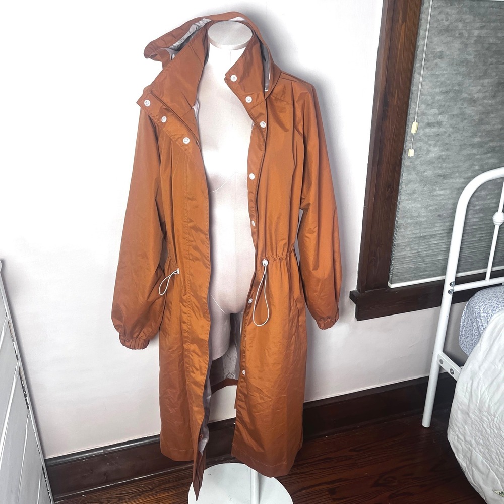 Old Navy Womens Medium Water-Resistant Hooded Longline Raincoat Parka Orange